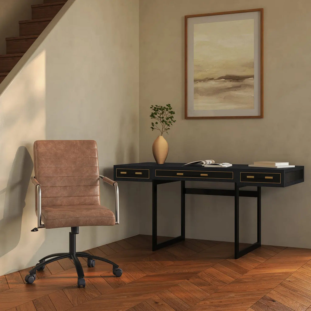 Chaise de bureau pivotante mi-haute en cuir véritable avec accoudoirs