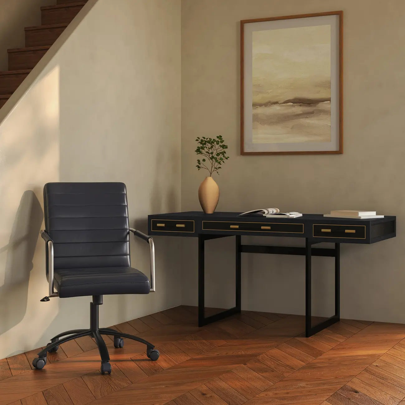 Chaise de bureau pivotante mi-haute en cuir véritable avec accoudoirs