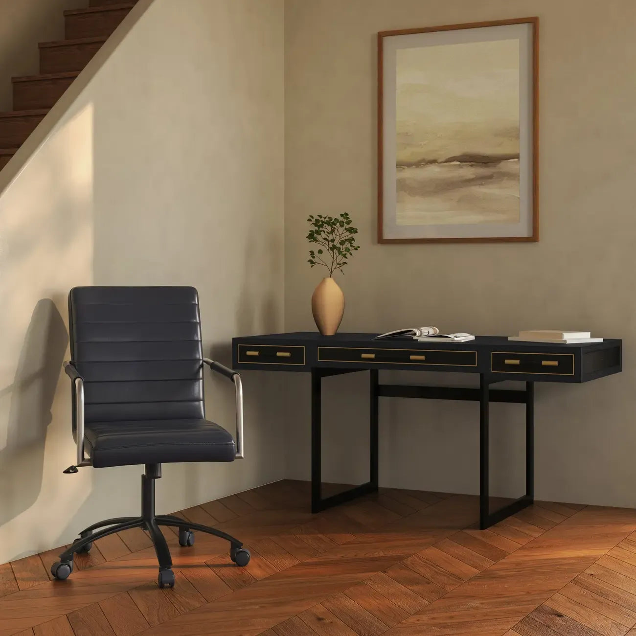 Chaise de bureau pivotante mi-haute en cuir véritable avec accoudoirs