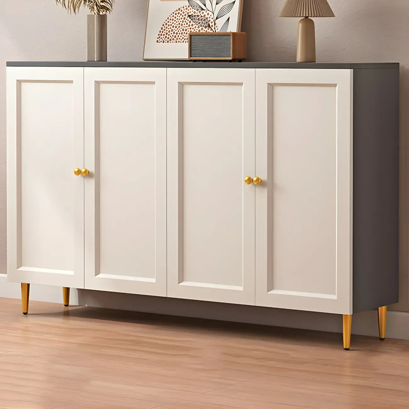 Meuble à chaussures en bois massif couleur crème pour entrée avec portes