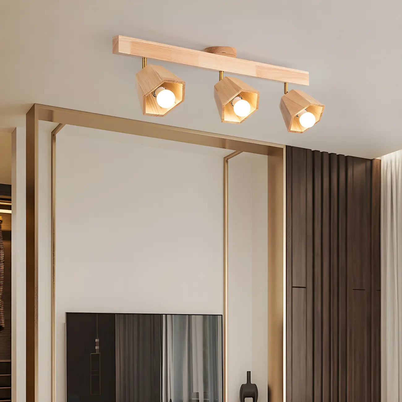 Plafoniera orientabile a 4 luci in legno di gomma naturale