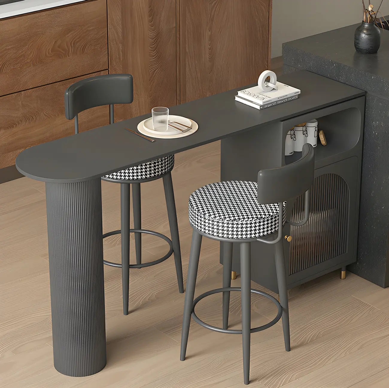 Tables de bar modernes en fer gris pierre avec rangement, forme libre