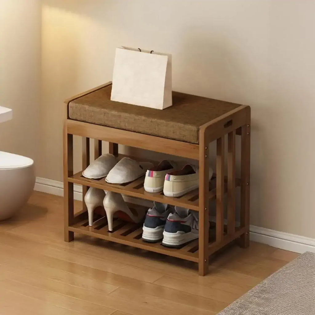 Banc de rangement à chaussures classique en bambou marron rembourré