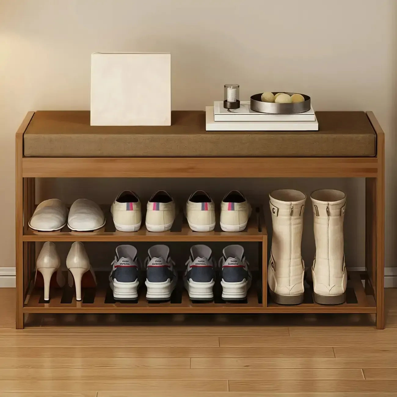 Banc de rangement à chaussures classique en bambou marron rembourré