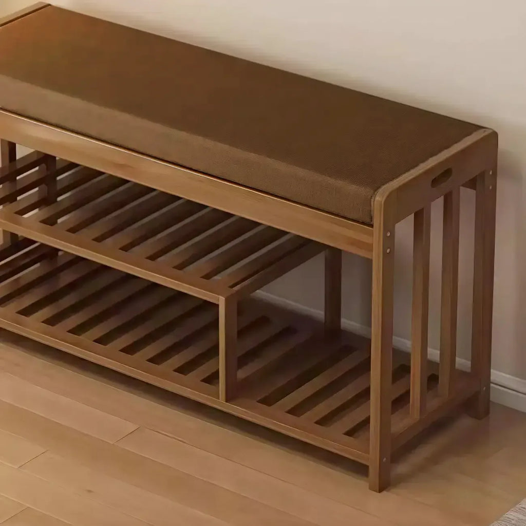 Banc de rangement à chaussures classique en bambou marron rembourré