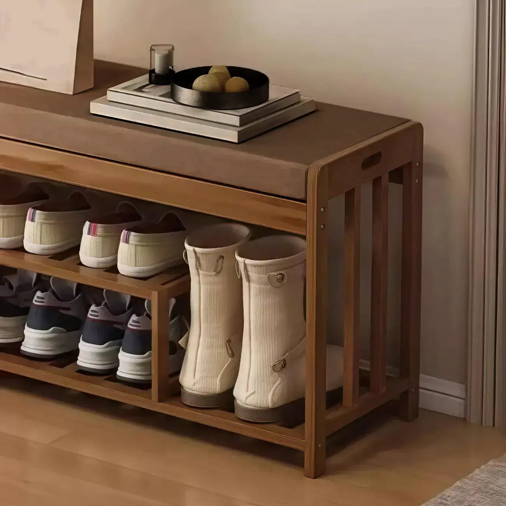 Banc de rangement à chaussures classique en bambou marron rembourré