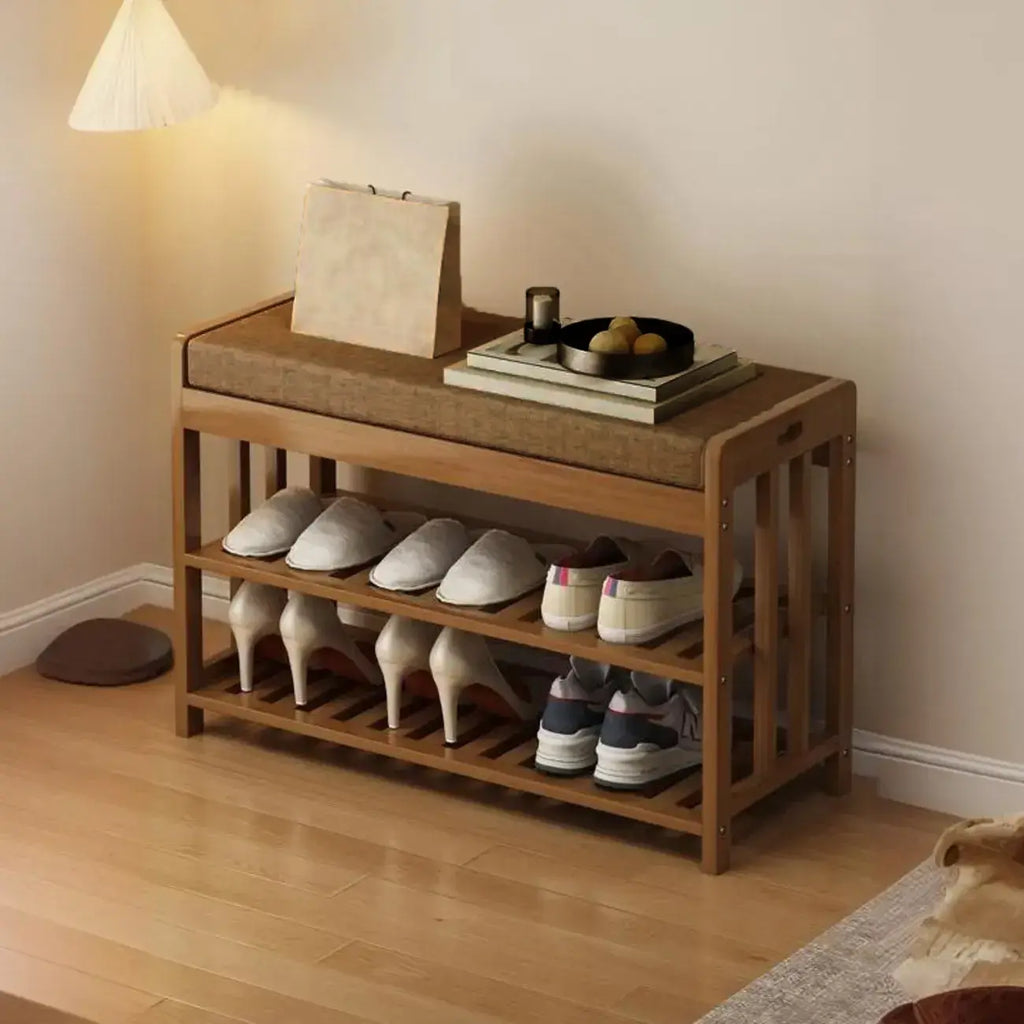 Banc de rangement à chaussures classique en bambou marron rembourré