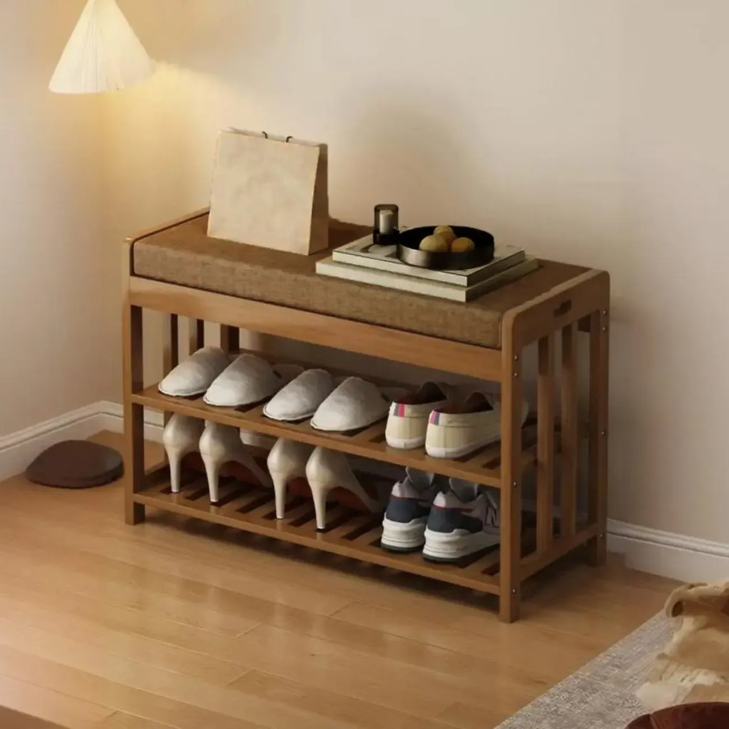 Banc de rangement à chaussures classique en bambou marron rembourré