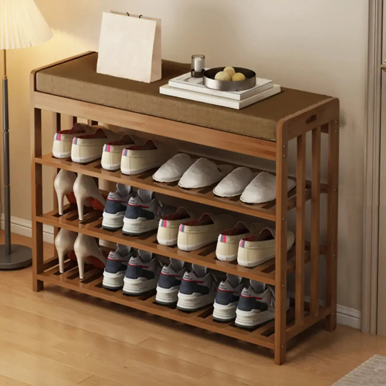 Banc de rangement à chaussures classique en bambou marron rembourré