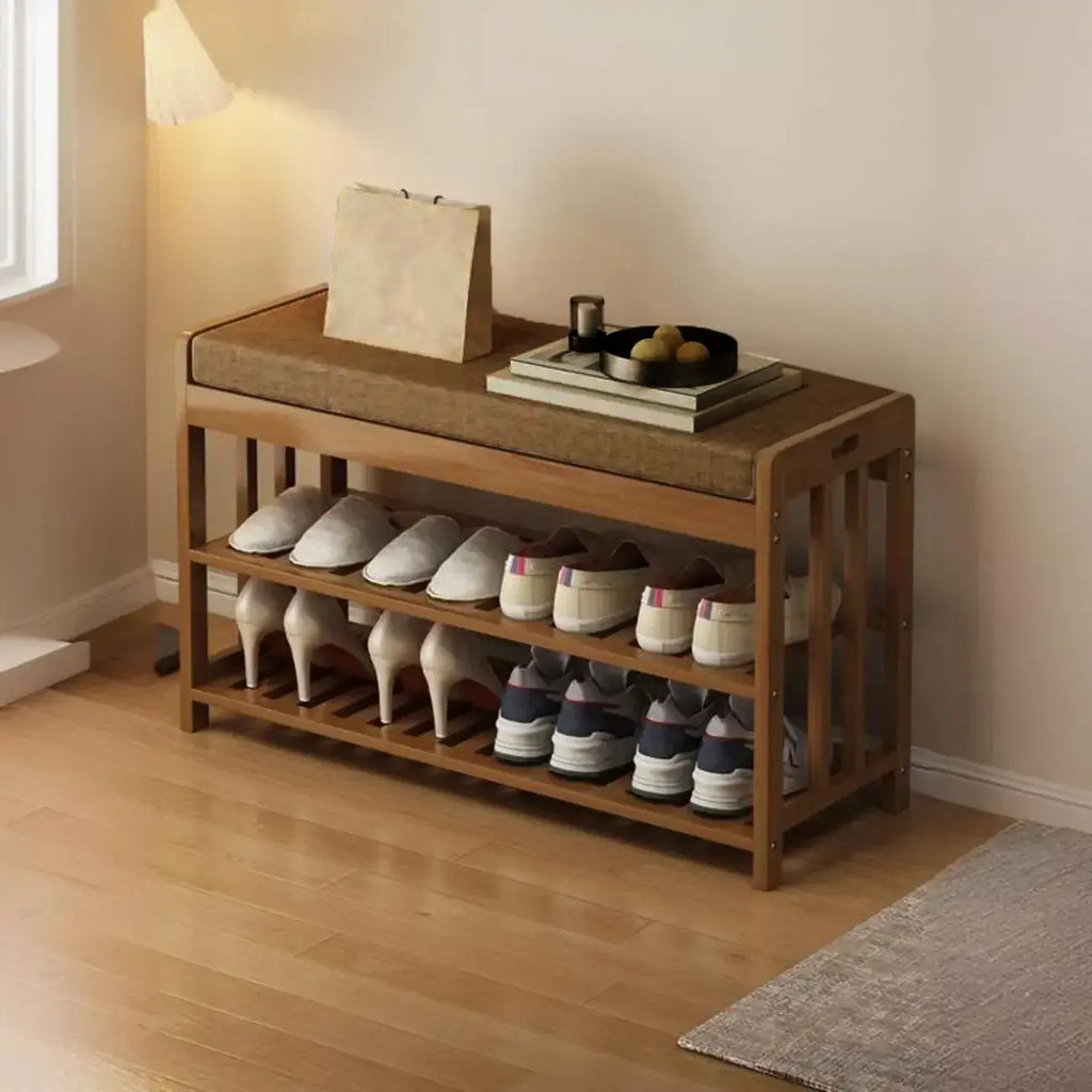 Banc de rangement à chaussures classique en bambou marron rembourré