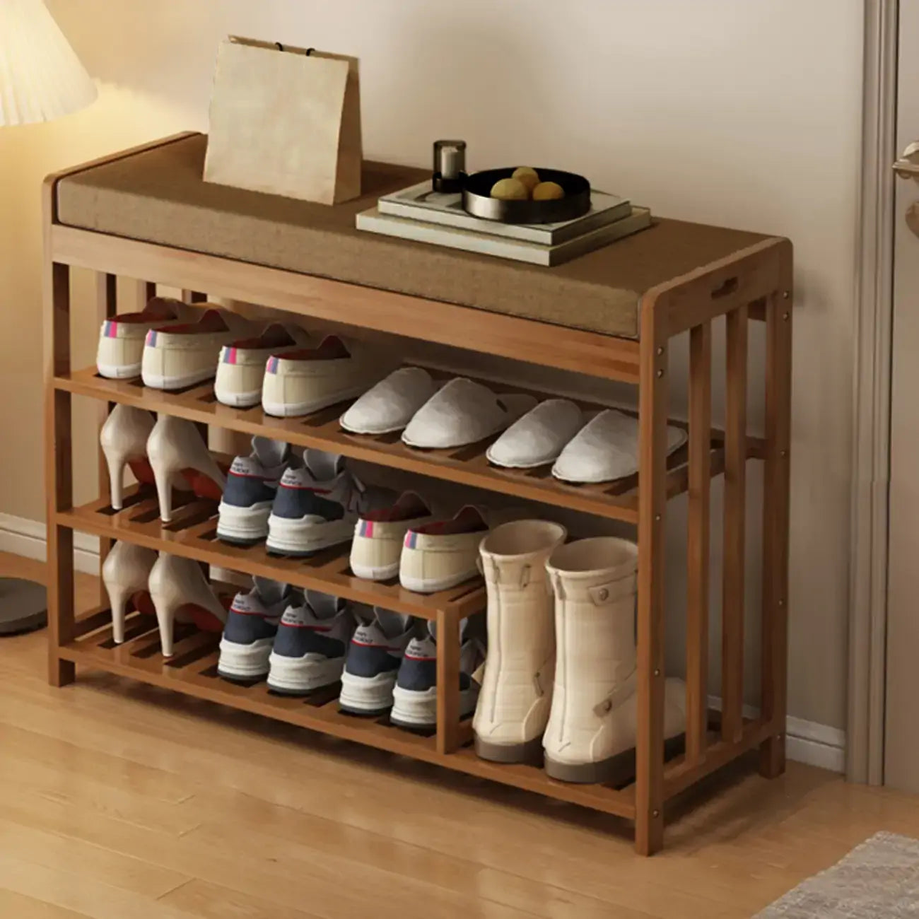 Banc de rangement à chaussures classique en bambou marron rembourré