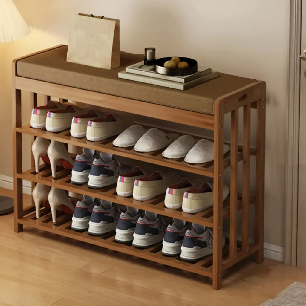 Banc de rangement à chaussures classique en bambou marron rembourré