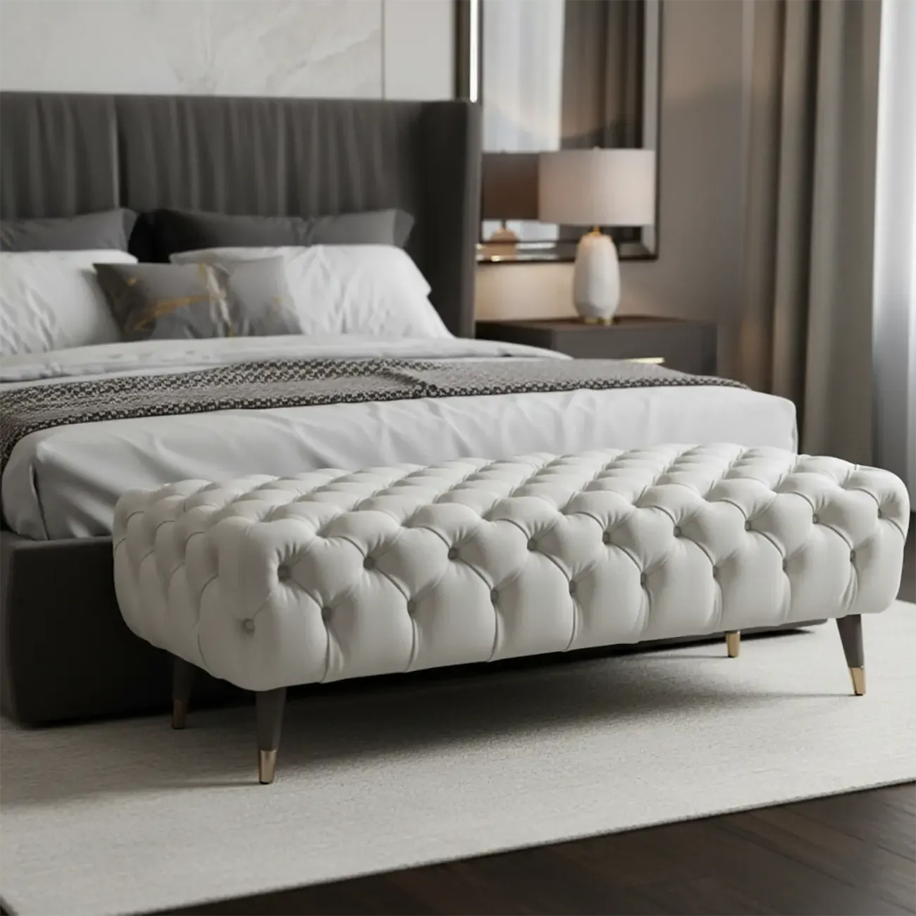 Banc de chambre contemporain blanc capitonné