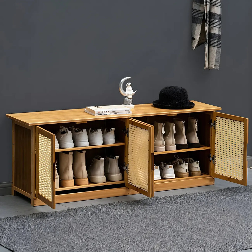Étagères à chaussures réglables en bambou avec portes en rotin