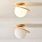 Plafonnier semi-encastré en bois naturel avec boule de verre circulaire