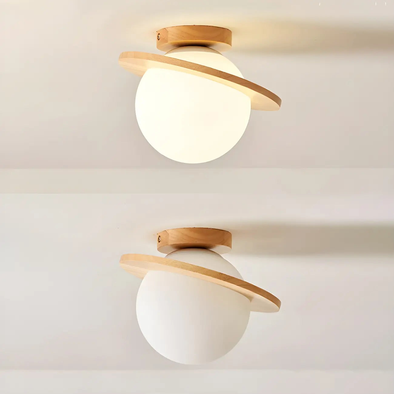 Plafonnier semi-encastré en bois naturel avec boule de verre circulaire
