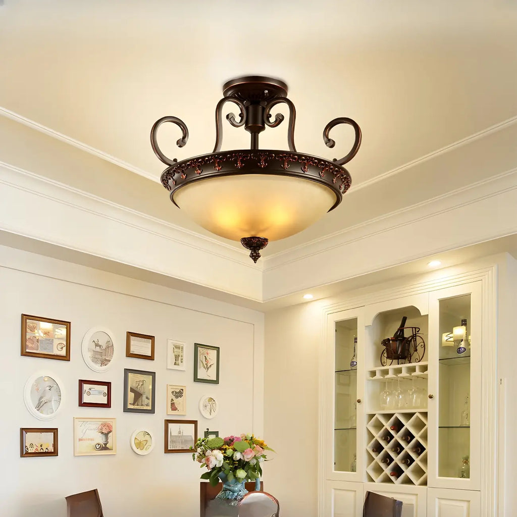 Plafonnier semi-encastré à 3 lumières en verre dépoli marron style grange
