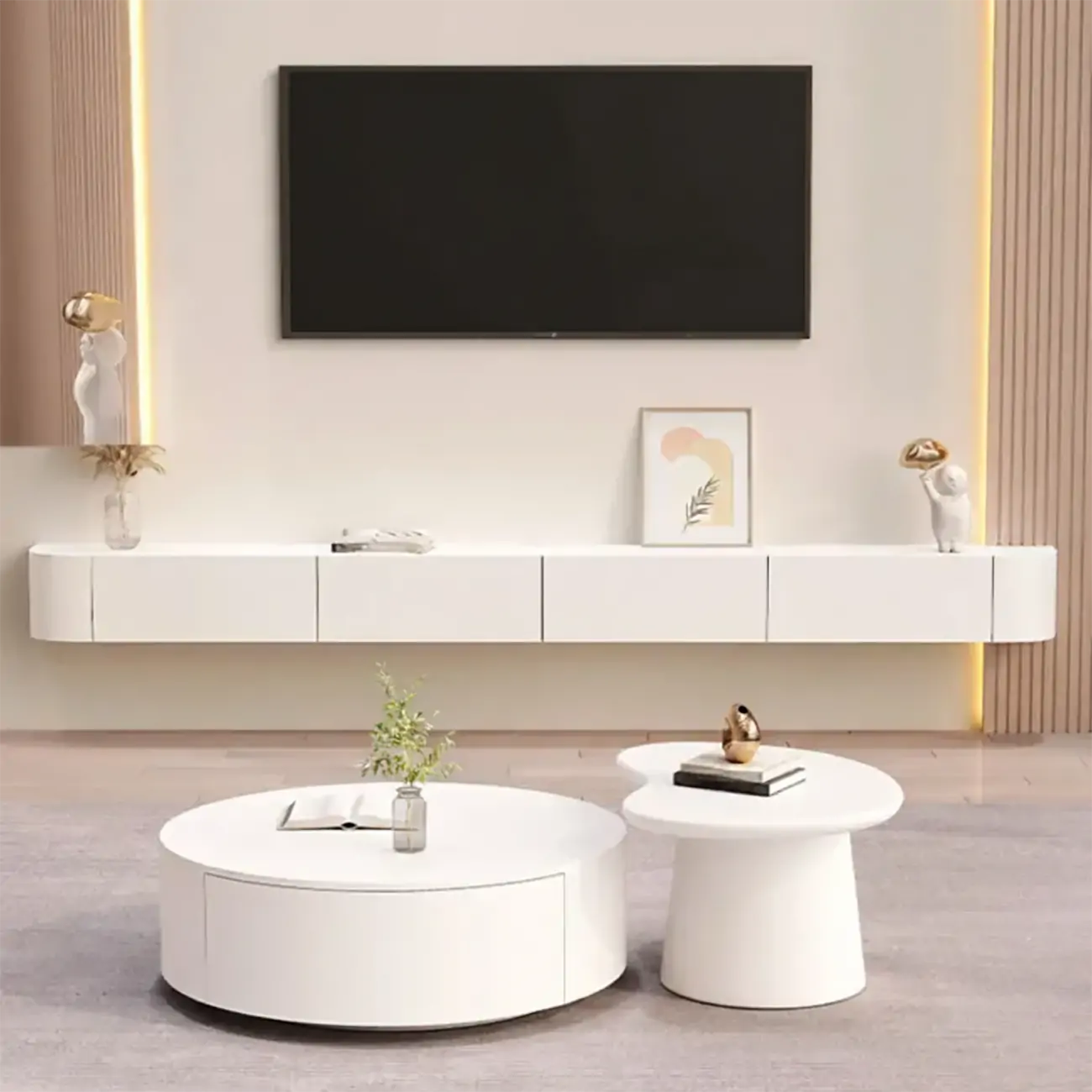Mobile TV sospeso 55" in gomma bianca con gestione cavi