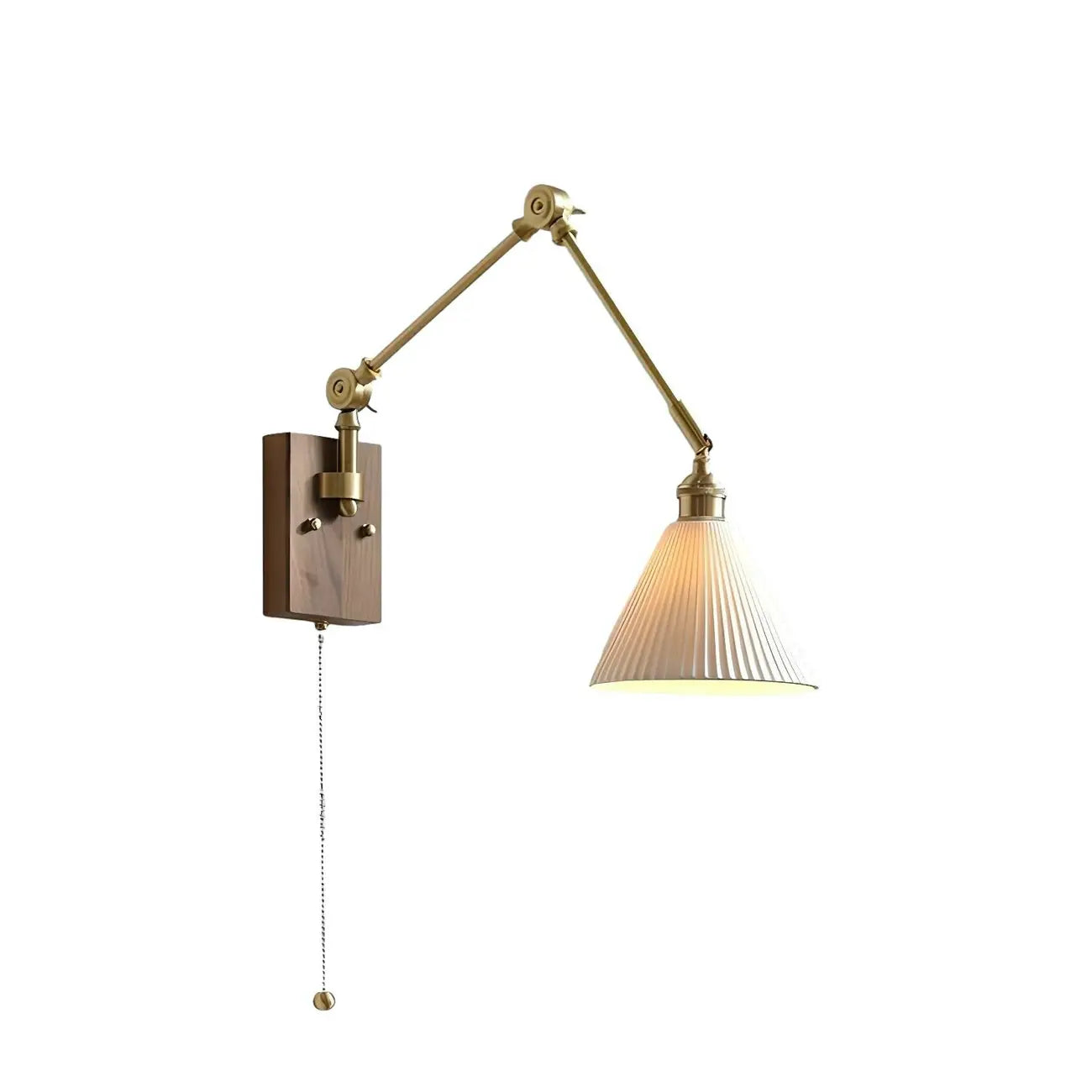 Applique da parete in ottone anticato con braccio orientabile e paralume in ceramica bianca