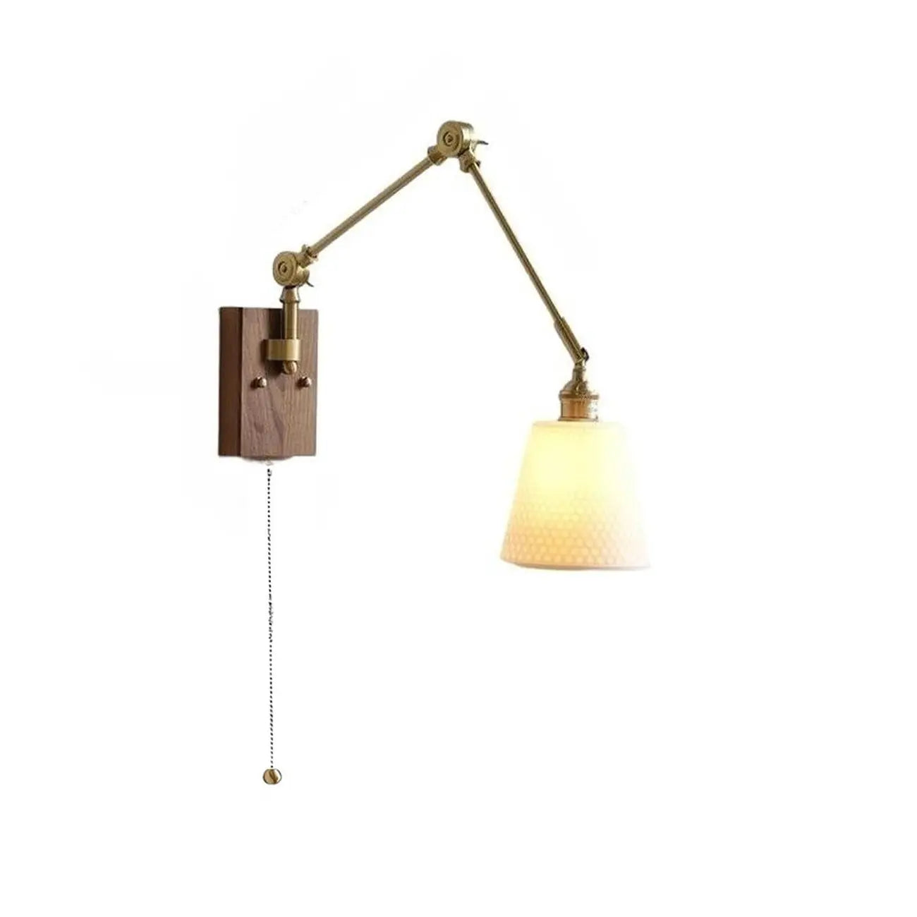 Applique da parete in ottone anticato con braccio orientabile e paralume in ceramica bianca