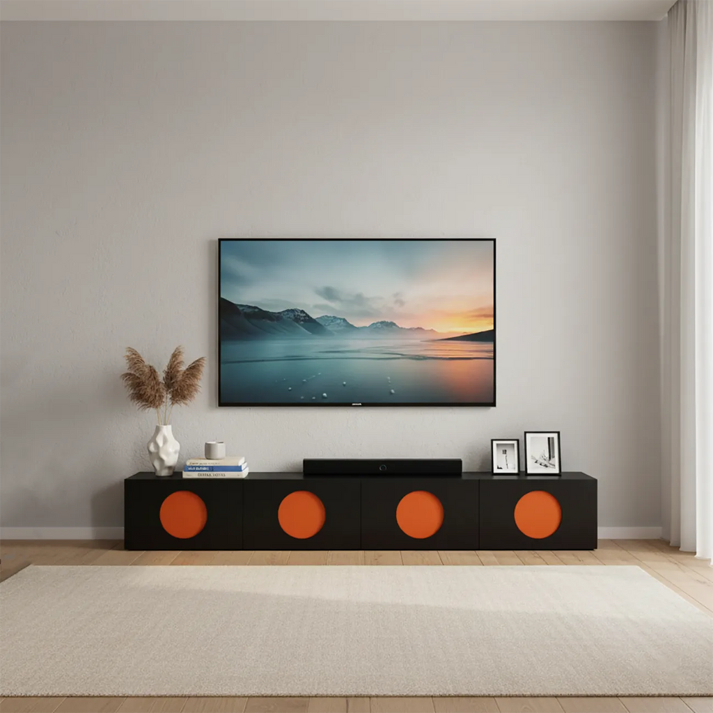 Meuble TV minimaliste en bois blanc à 4 placards pour salon