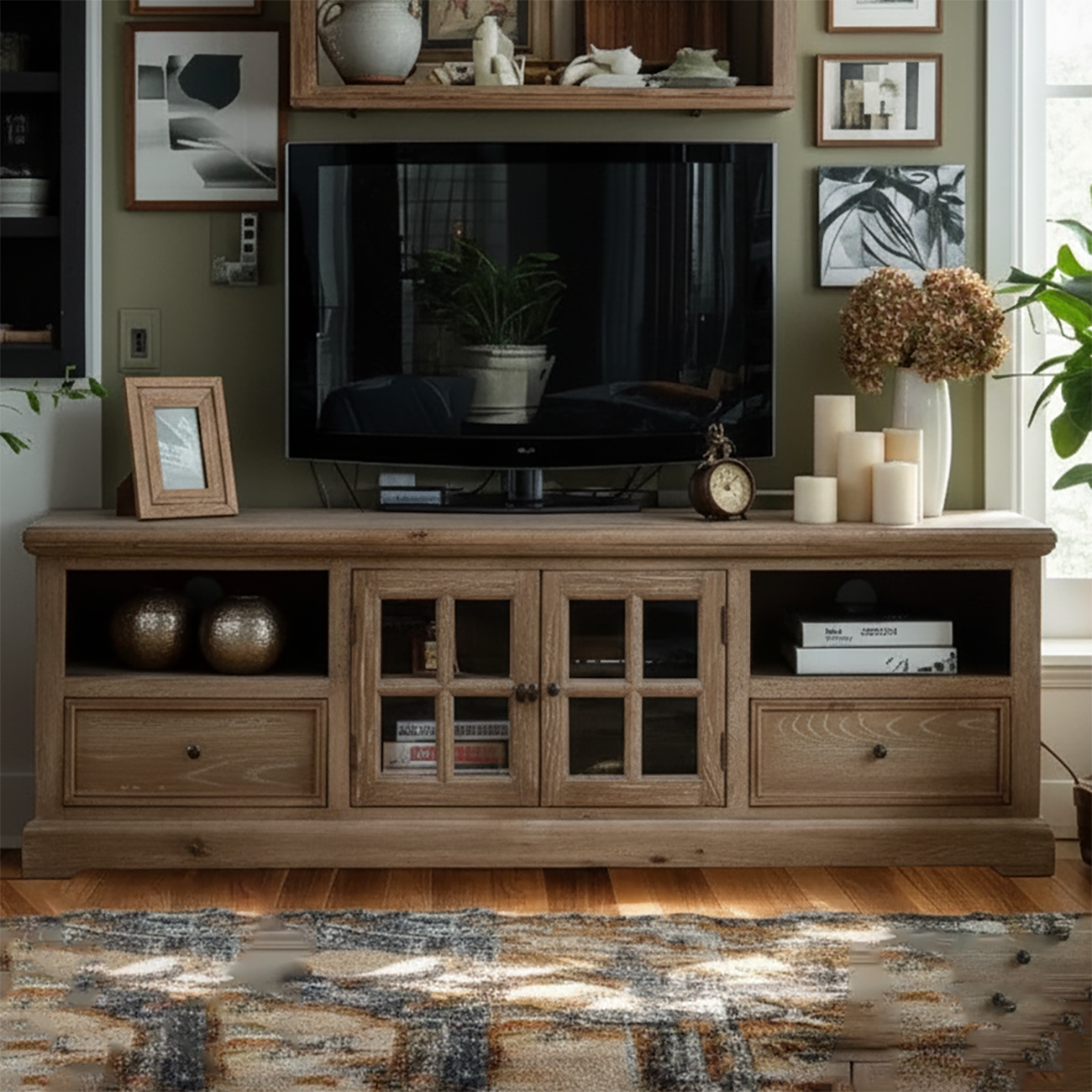 Meuble TV rectangulaire classique en bois massif pour salon