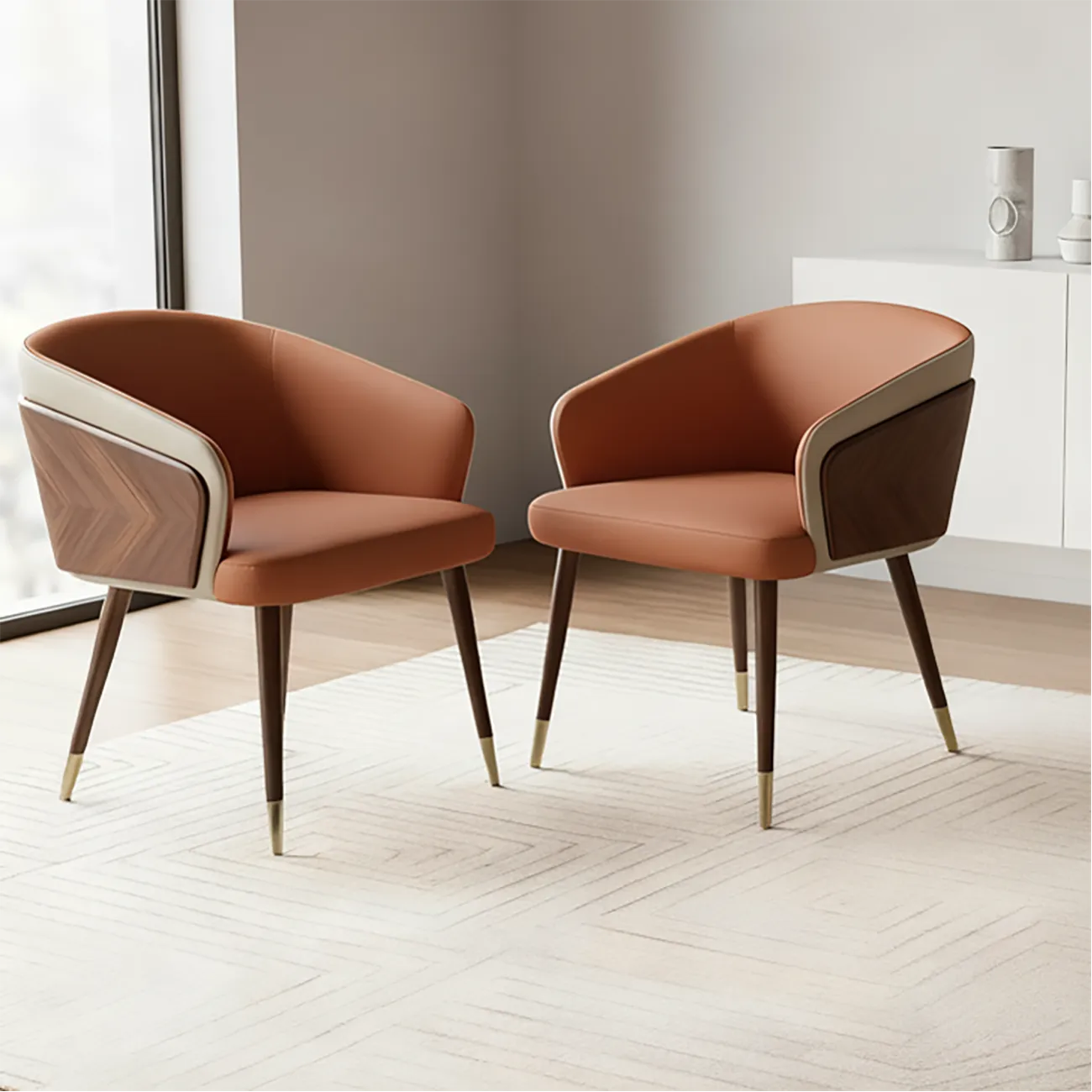 Chaise de salle à manger moderne avec accoudoirs, similicuir et bois, dossier bas