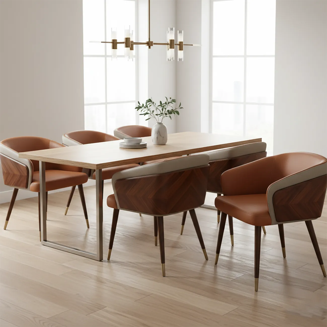Chaise de salle à manger moderne avec accoudoirs, similicuir et bois, dossier bas