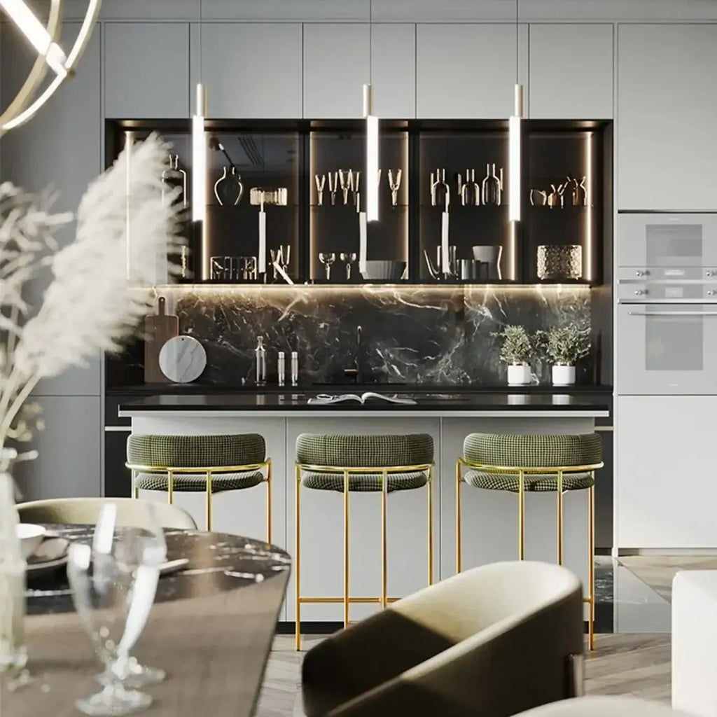 Sgabello da bar Art Déco in cotone imbottito, oro e verde