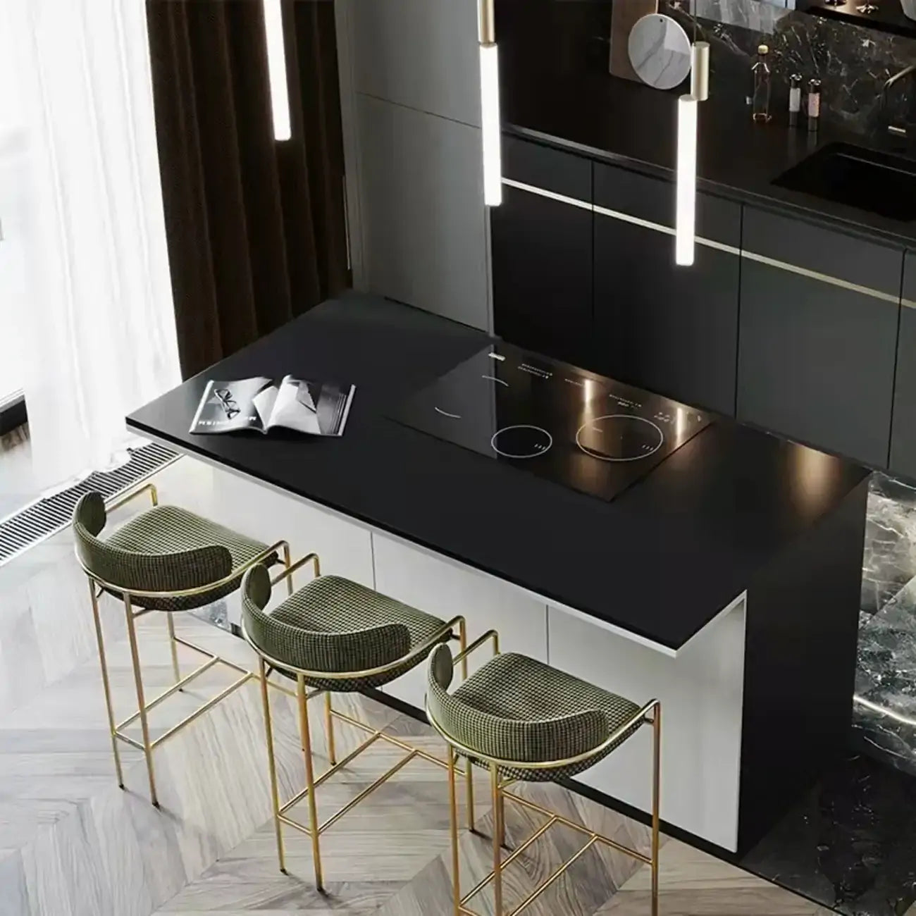 Sgabello da bar Art Déco in cotone imbottito, oro e verde