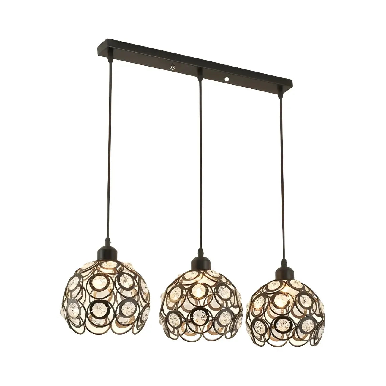 Suspension moderne à 3 lumières ronde en cristal et métal noir avec dôme