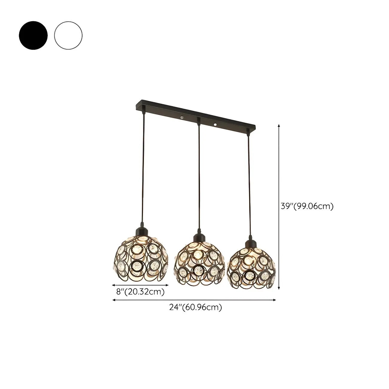 Suspension moderne à 3 lumières ronde en cristal et métal noir avec dôme