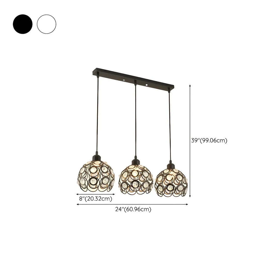 Suspension moderne à 3 lumières ronde en cristal et métal noir avec dôme