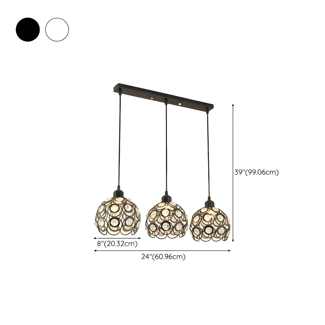 Suspension moderne à 3 lumières ronde en cristal et métal noir avec dôme