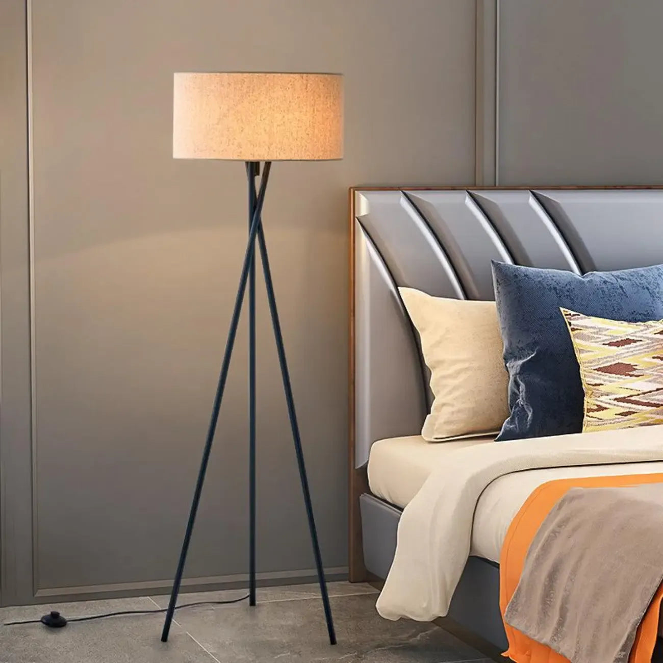 Lampadaire moderne trépied LED noir avec abat-jour cylindrique