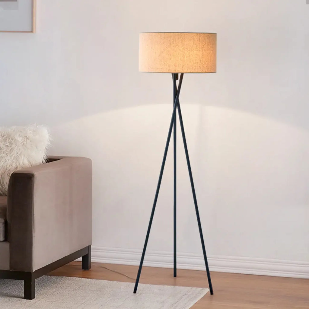 Lampadaire moderne trépied LED noir avec abat-jour cylindrique