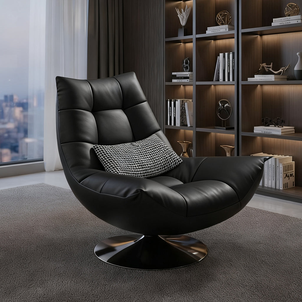 Fauteuil pivotant en cuir noir capitonné avec coussin inclus