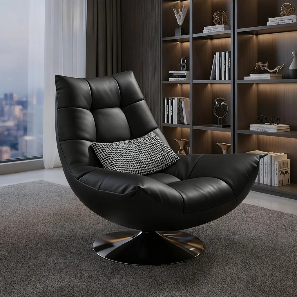 Fauteuil pivotant en cuir noir capitonné avec coussin inclus