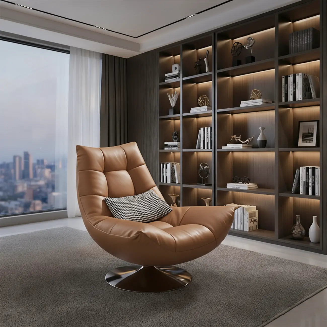 Fauteuil pivotant en cuir noir capitonné avec coussin inclus