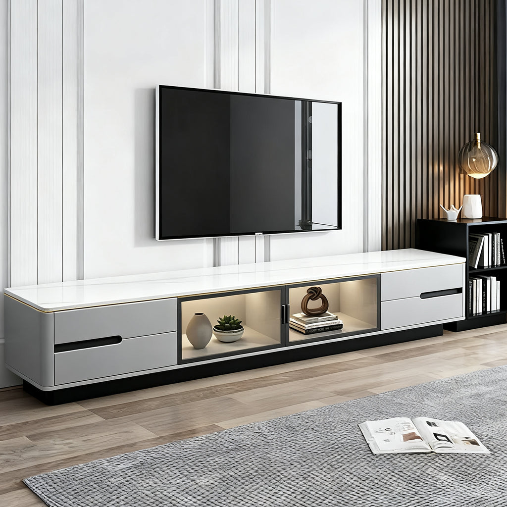 70.9 Mobile TV con cassetti multipli in pietra grigia con gestione cavi