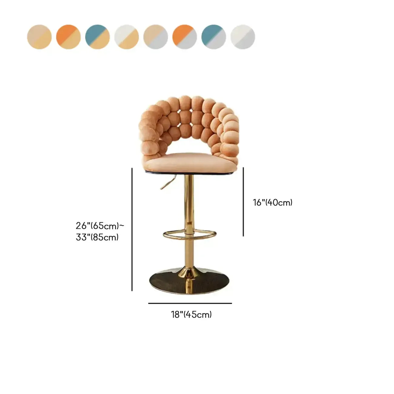 Tabouret de bar pivotant glamour en tissu à hauteur réglable avec accoudoirs