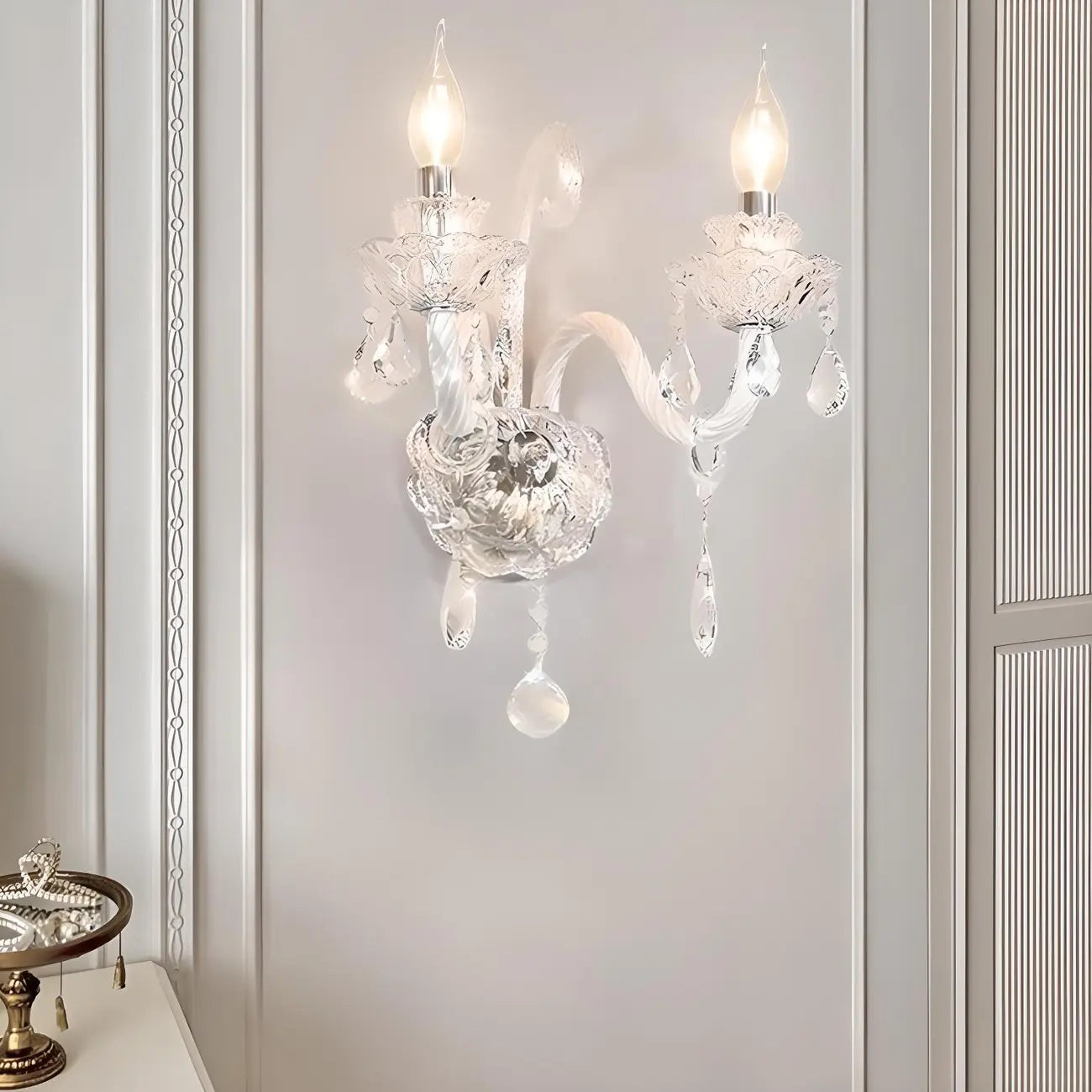 Applique murale vintage en cristal clair et candélabre argenté