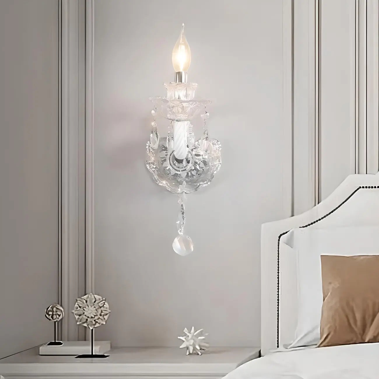 Applique murale vintage en cristal clair et candélabre argenté