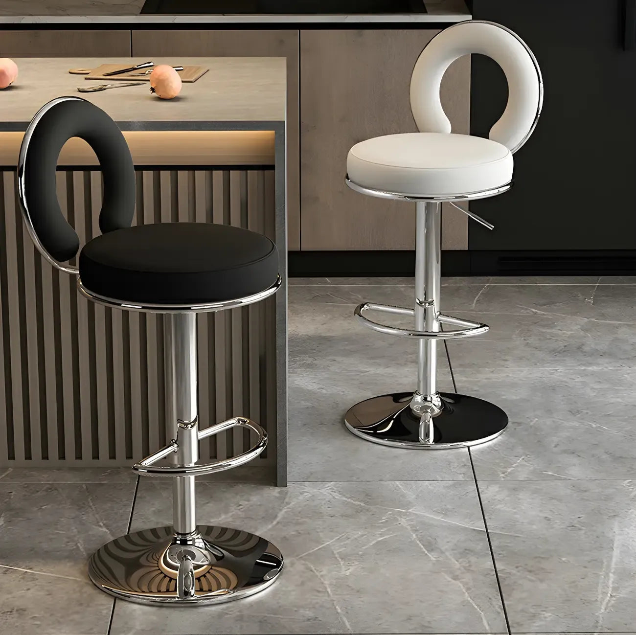 Tabourets de bar ronds en métal élégants et réglables avec coussins pour la cuisine