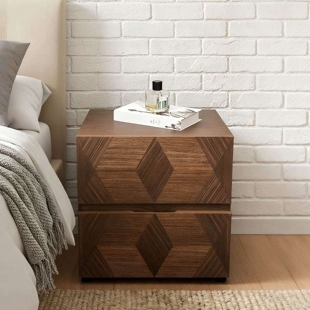Table de chevet étroite élégante en bois brun noyer à 2 tiroirs