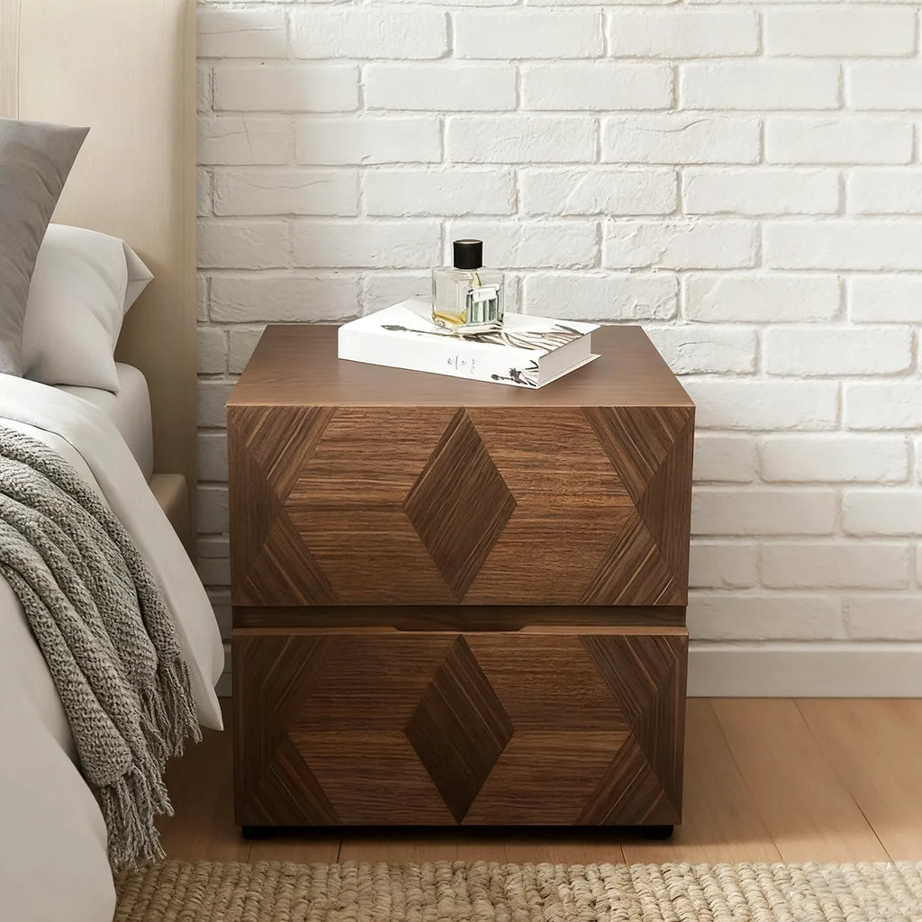 Table de chevet étroite élégante en bois brun noyer à 2 tiroirs