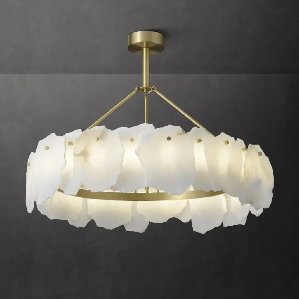 Lustre circulaire en albâtre blanc avec tige de suspension en laiton