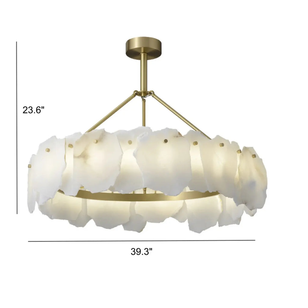 Lustre circulaire en albâtre blanc avec tige de suspension en laiton
