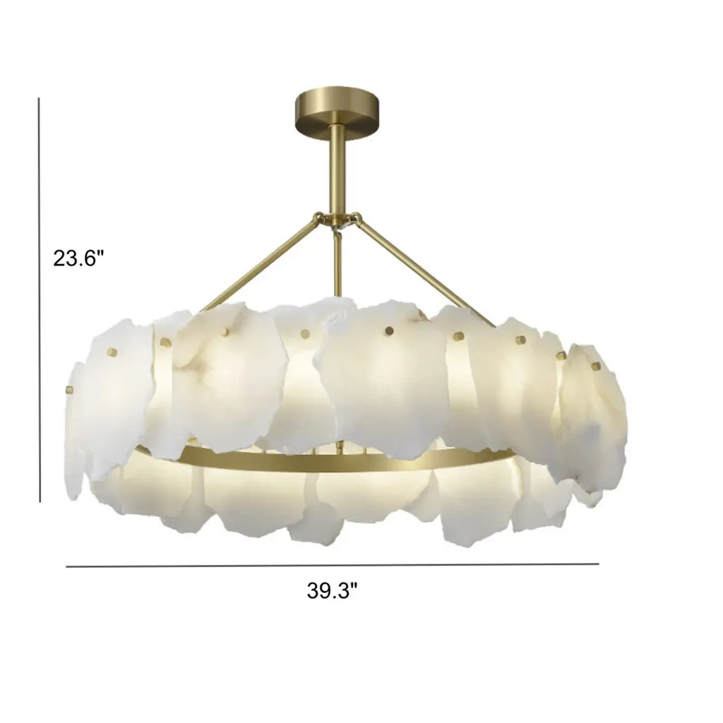 Lustre circulaire en albâtre blanc avec tige de suspension en laiton