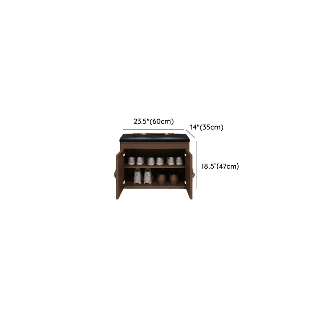 Banc d'entrée avec coussin en cuir, couvercle rabattable en bois et rangement intégré